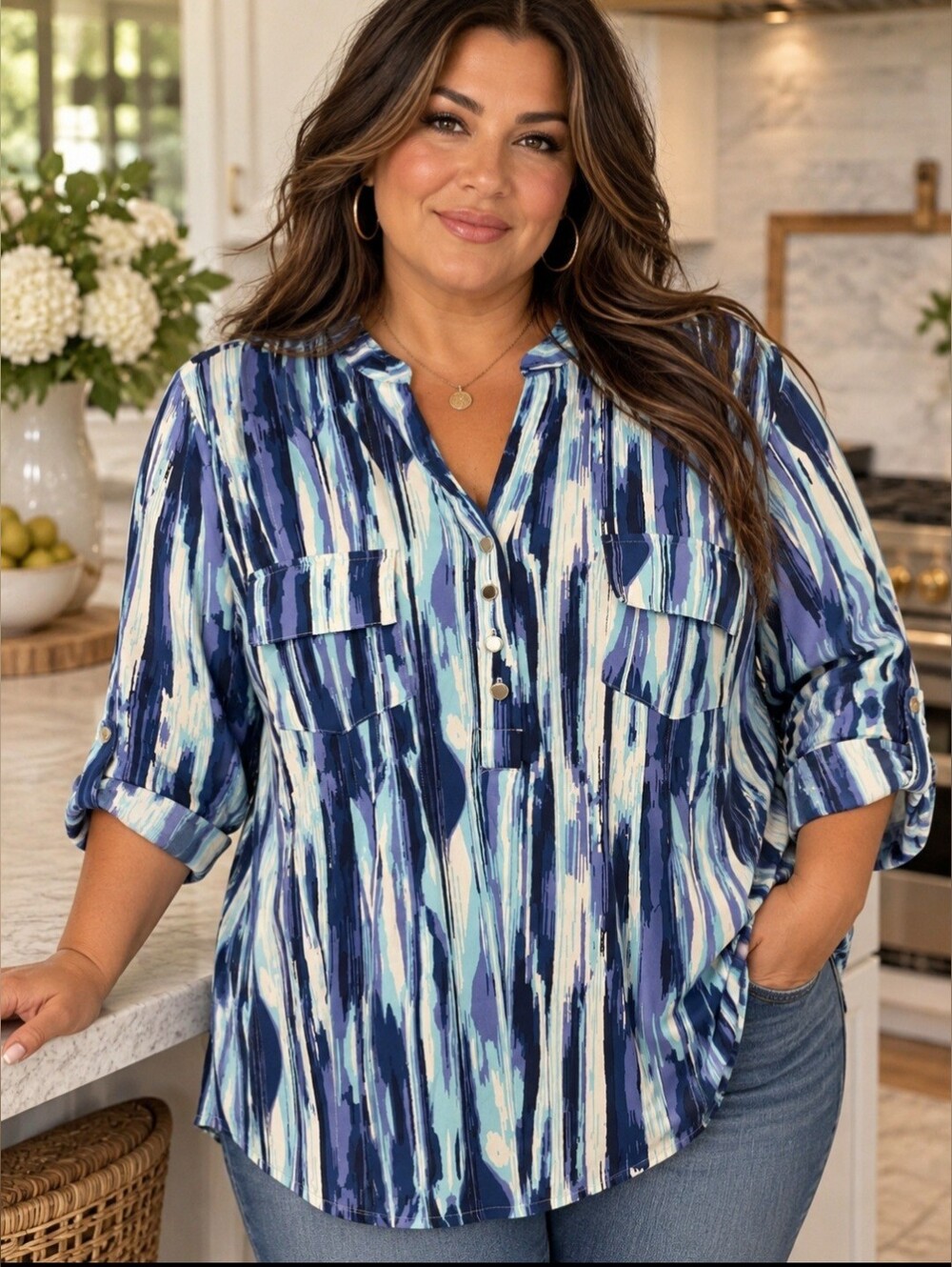 Cocomo Woman Size 3X Roll Tab Sleeve split neck pin tucked Career Casual Top NEW